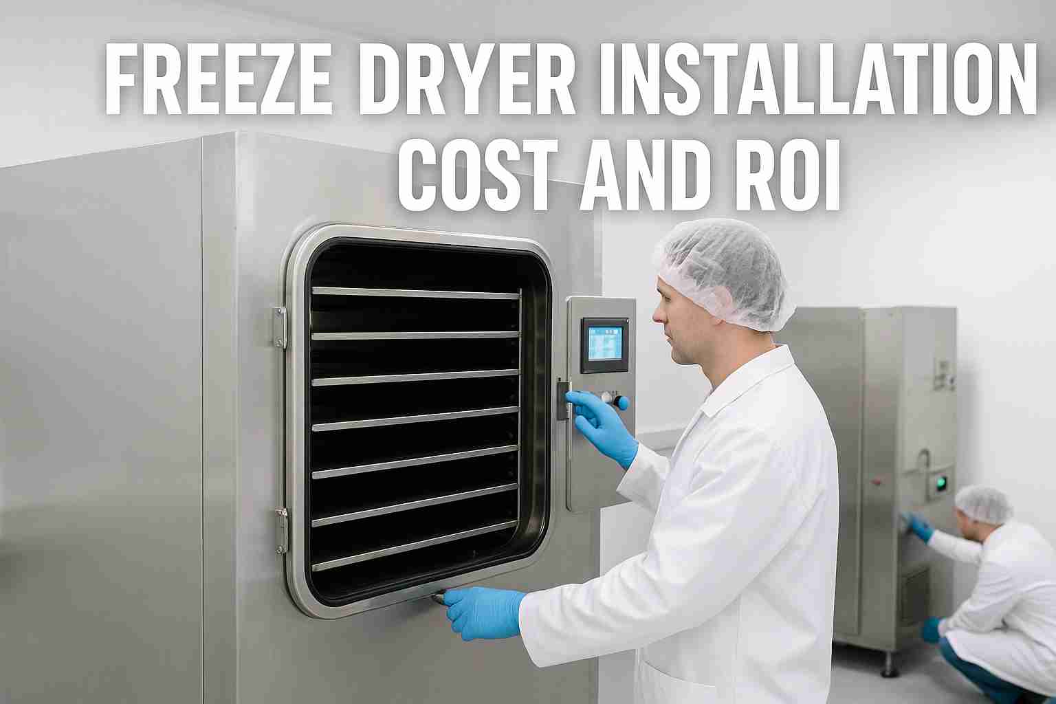Technicians installing a pharmaceutical-grade freeze dryer in a GMP-compliant facility to optimize ROI.