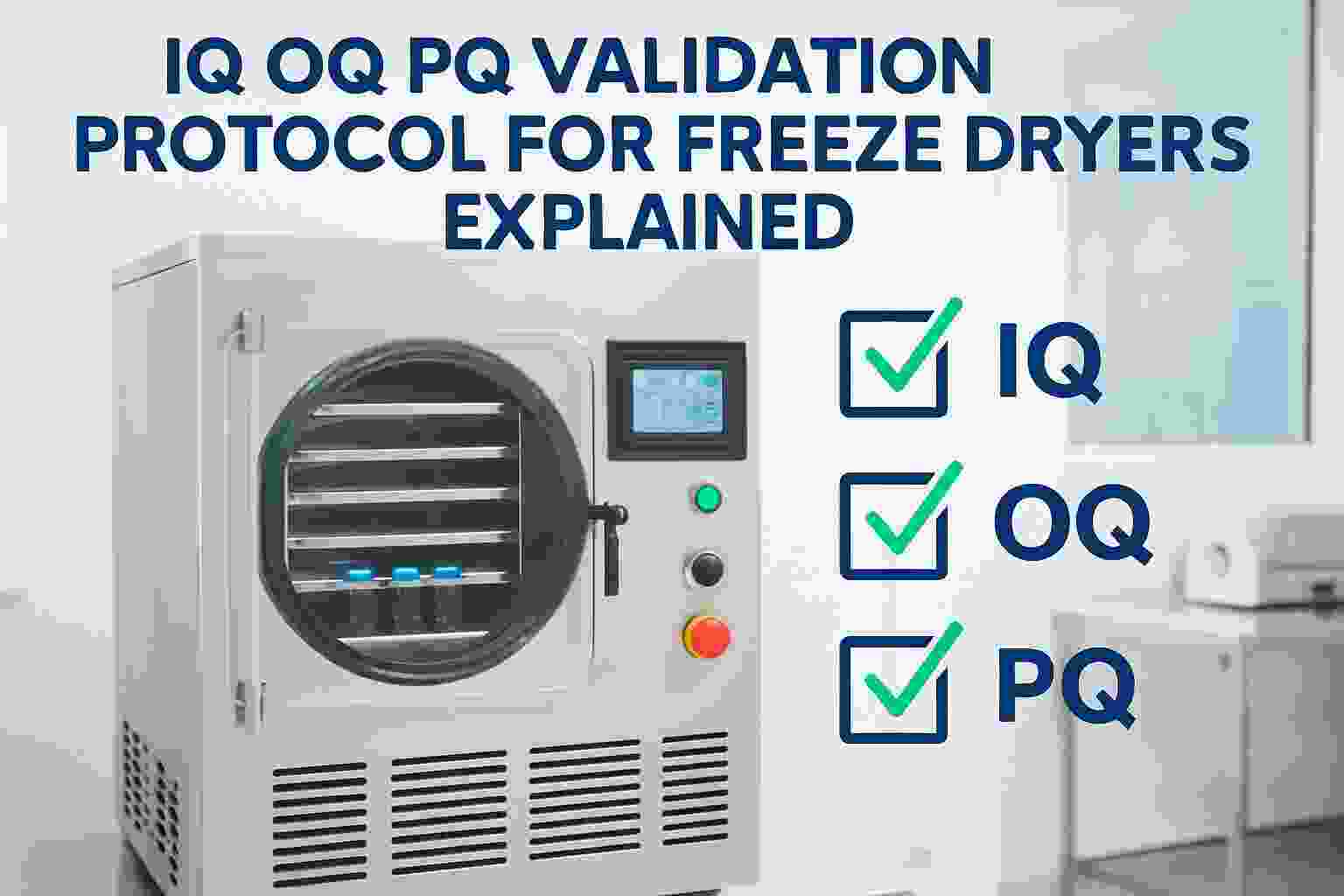 Stainless steel freeze dryer in a pharmaceutical lab with IQ, OQ, PQ validation checklist displayed on screen