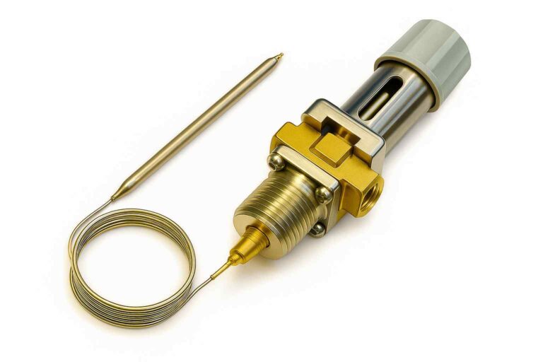 A metallic thermostatic valve with a light gray adjustment knob, gold and silver housing, a coiled stainless-steel capillary tube, and a sleek temperature sensor probe, placed on a white background with a thin black border.