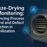 Stainless steel freeze-dryer with digital AI monitoring icons, illustrating process control and defect prediction in lyophilization