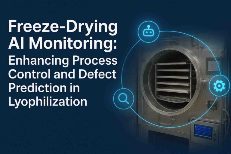 Stainless steel freeze-dryer with digital AI monitoring icons, illustrating process control and defect prediction in lyophilization