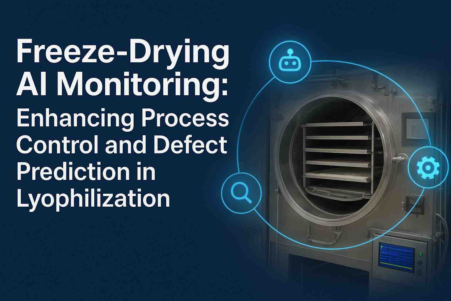 Stainless steel freeze-dryer with digital AI monitoring icons, illustrating process control and defect prediction in lyophilization