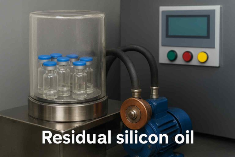 Freeze dryer system with highlighted residual silicon oil circulation, illustrating its role in maintaining temperature control during lyophilization.