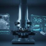 Cryo-electron microscope analyzing freeze-dried samples to visualize cake structure in lyophilization for pharmaceutical research"