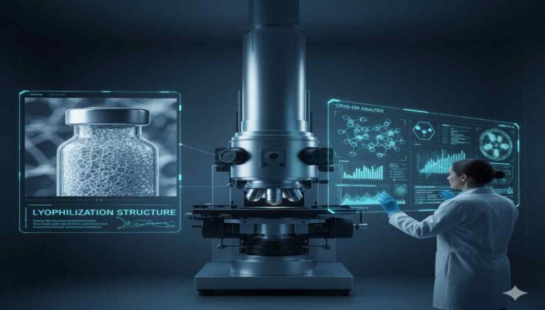 Cryo-electron microscope analyzing freeze-dried samples to visualize cake structure in lyophilization for pharmaceutical research"