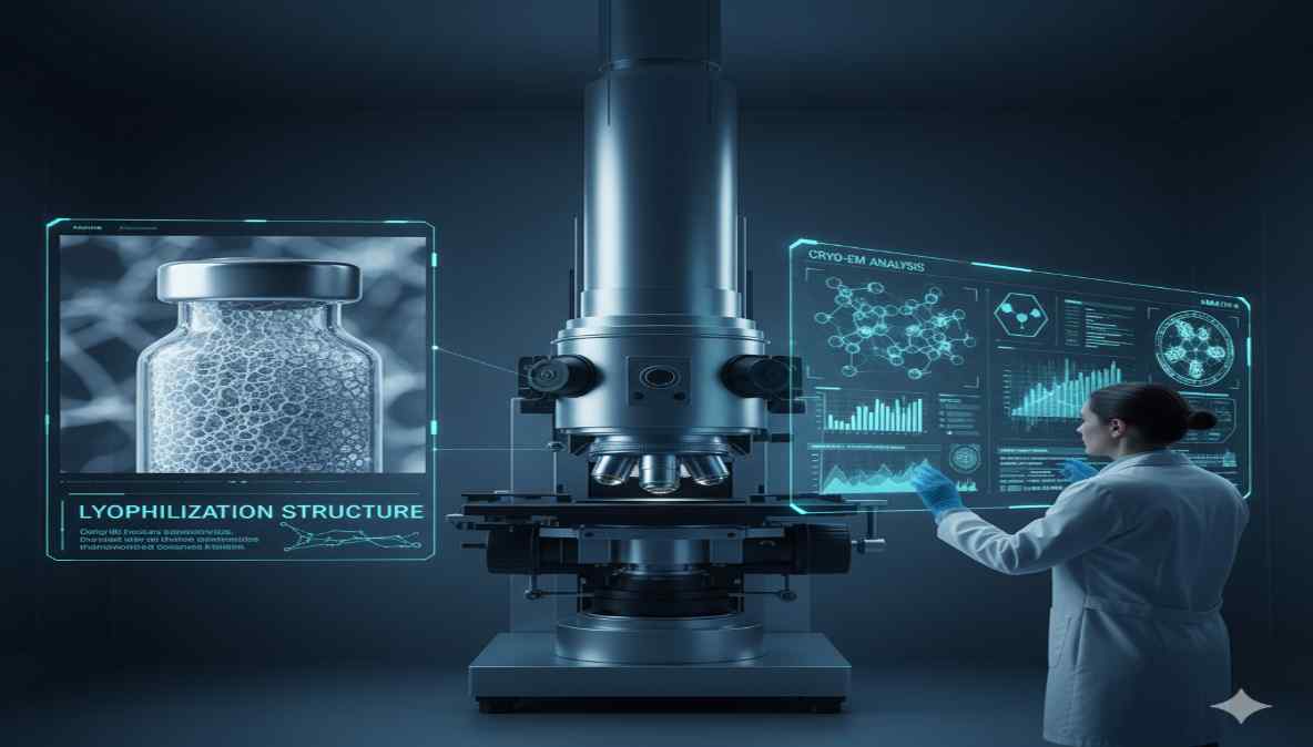 Cryo-electron microscope analyzing freeze-dried samples to visualize cake structure in lyophilization for pharmaceutical research"