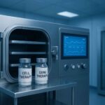 Pharmaceutical freeze-dryer system used for cell and gene therapy lyophilization with vials and digital process monitoring screens