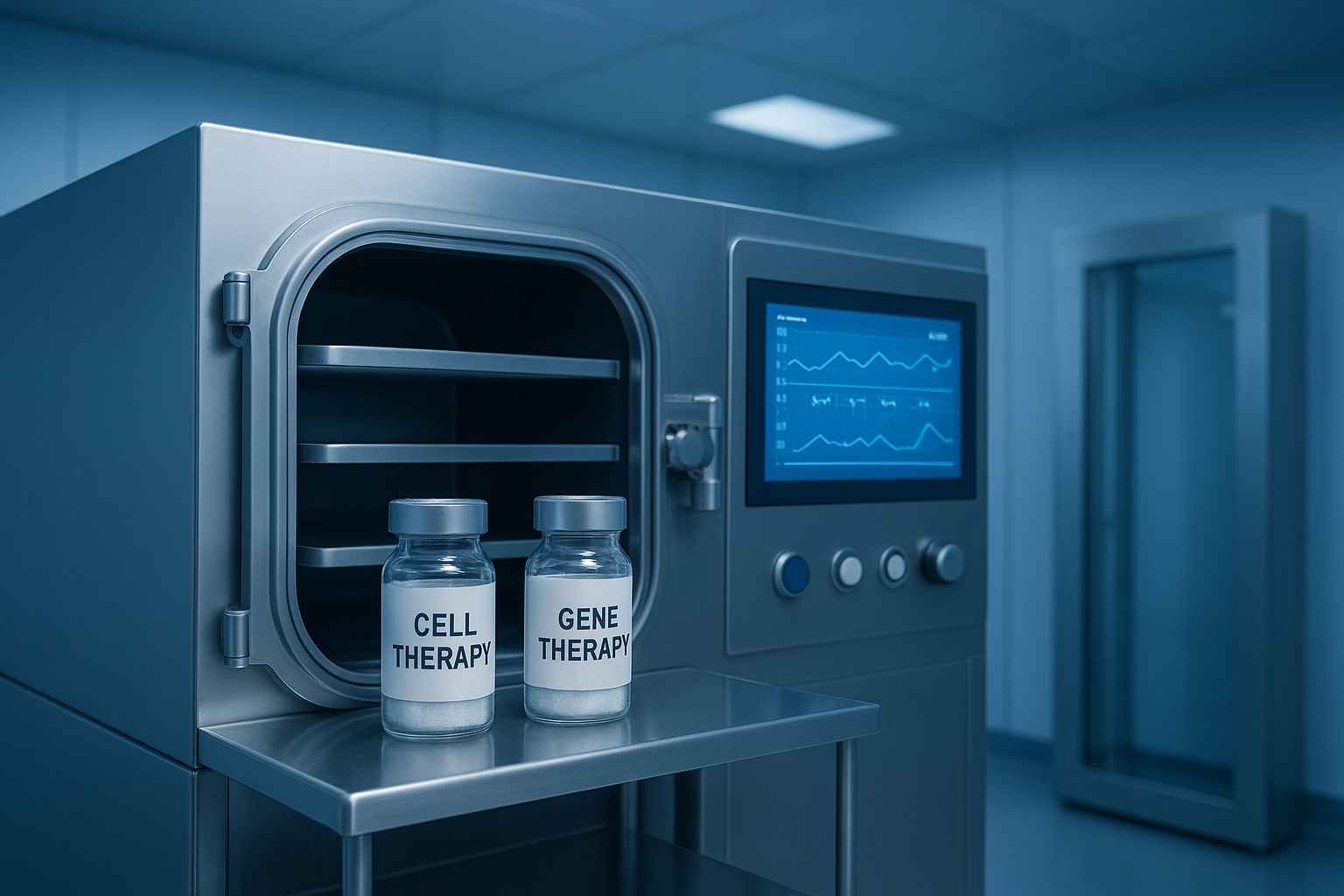 Pharmaceutical freeze-dryer system used for cell and gene therapy lyophilization with vials and digital process monitoring screens