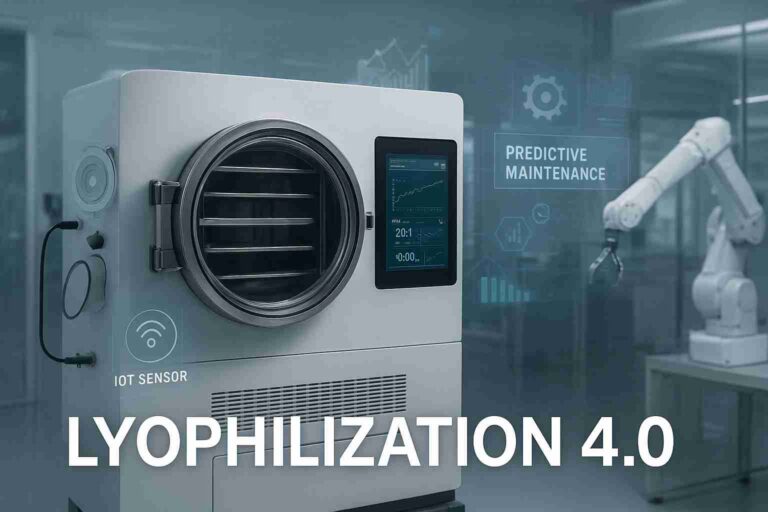Smart pharmaceutical freeze dryer with IoT sensors and predictive maintenance dashboard representing Lyophilization 4.0 technology