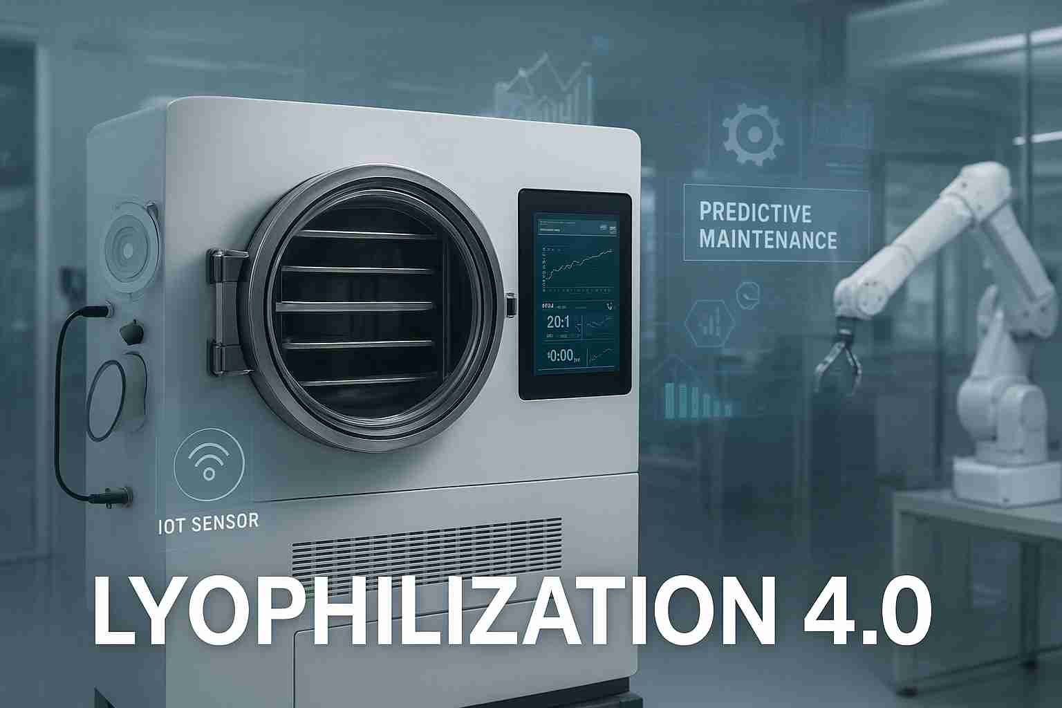 Smart pharmaceutical freeze dryer with IoT sensors and predictive maintenance dashboard representing Lyophilization 4.0 technology