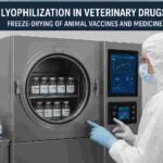 Veterinary lyophilization process showing a scientist monitoring freeze-drying of animal vaccines in a modern pharmaceutical lab