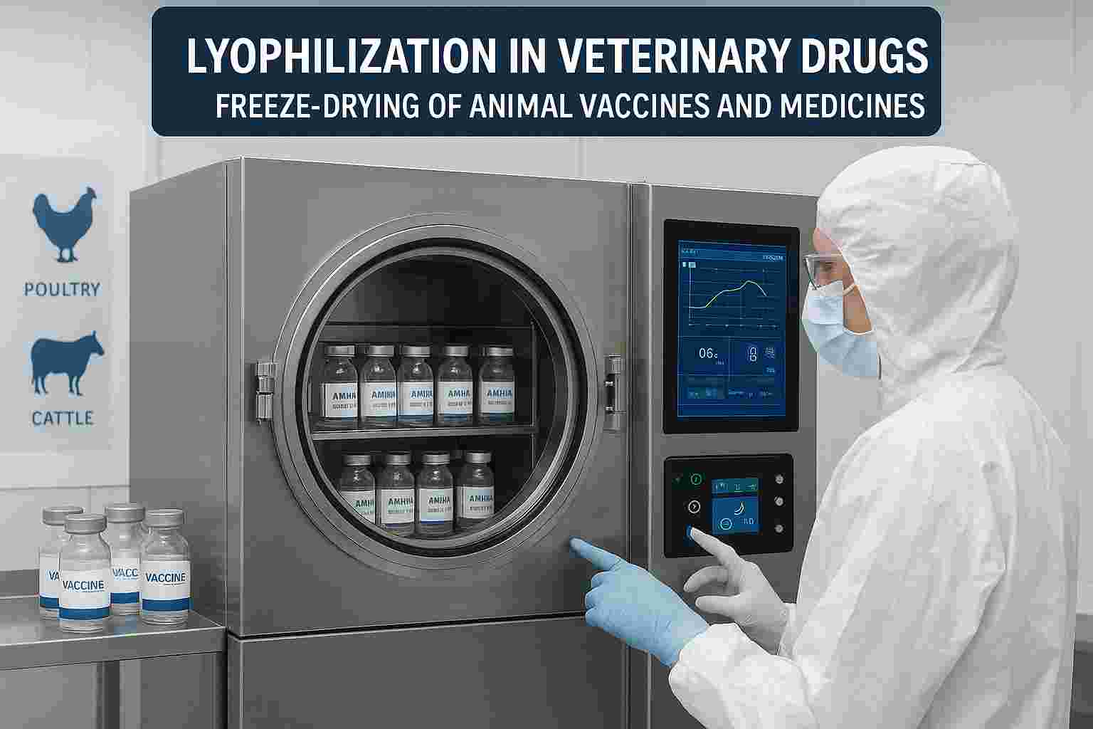 Veterinary lyophilization process showing a scientist monitoring freeze-drying of animal vaccines in a modern pharmaceutical lab