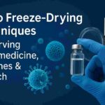 A gloved hand holding a vial in front of a freeze-dryer, with digital nanoparticle and virus models representing nano freeze-drying in biotech.