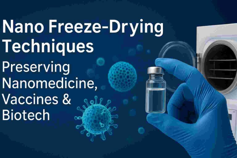 A gloved hand holding a vial in front of a freeze-dryer, with digital nanoparticle and virus models representing nano freeze-drying in biotech.
