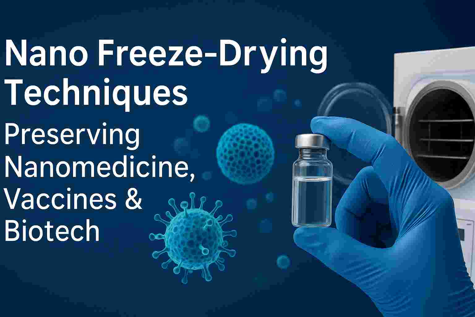 A gloved hand holding a vial in front of a freeze-dryer, with digital nanoparticle and virus models representing nano freeze-drying in biotech.