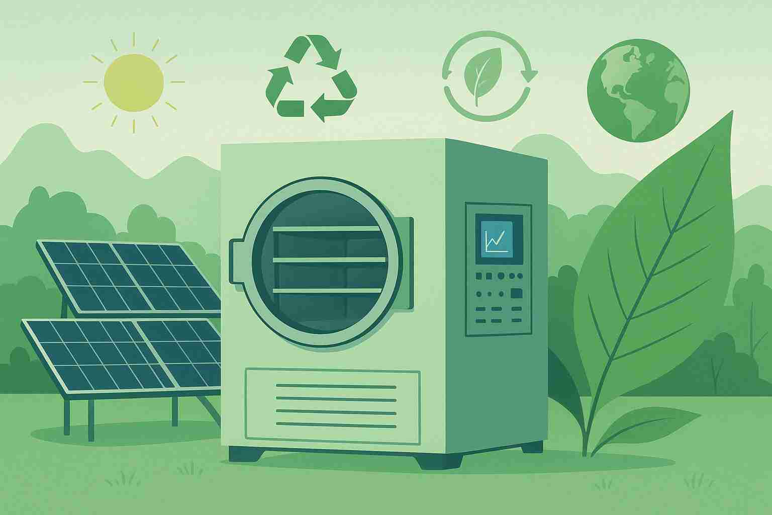 Eco-friendly freeze-drying equipment powered by solar panels, surrounded by greenery and sustainability icons like recycling and renewable energy symbols.