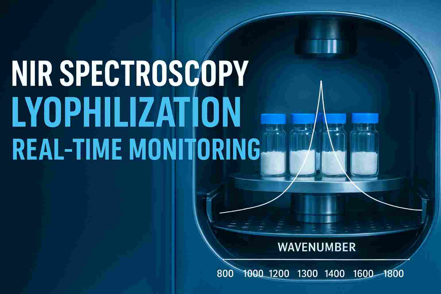 NIR spectroscopy lyophilization setup showing pharmaceutical vials inside a freeze-dryer with an overlaid NIR spectral curve for real-time monitoring.