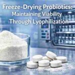 Freeze-dried probiotics in powder and tablet form with a pharmaceutical lyophilization freeze dryer in the background, illustrating probiotic viability through lyophilization.