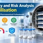 Uncertainty and risk analysis in lyophilisation showing pharmaceutical freeze dryer, critical process parameters, and risk assessment.