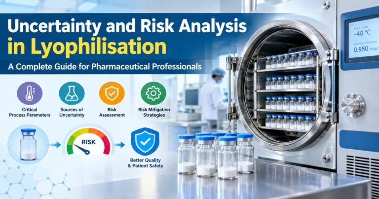 Uncertainty and risk analysis in lyophilisation showing pharmaceutical freeze dryer, critical process parameters, and risk assessment.