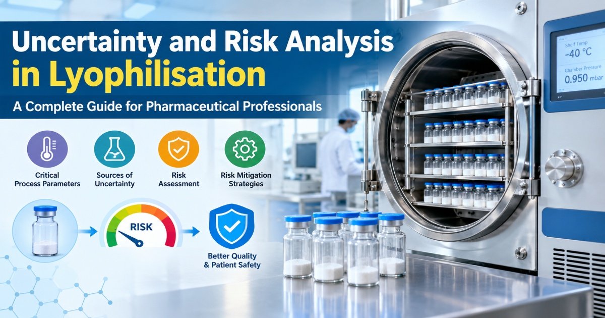Uncertainty and risk analysis in lyophilisation showing pharmaceutical freeze dryer, critical process parameters, and risk assessment.